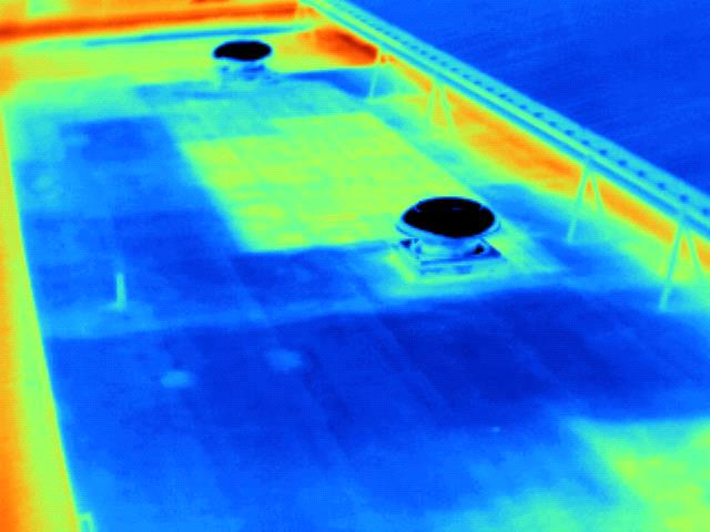 Infrared thermal scan from the Lansing inspection showing moisture distribution across roofing membrane